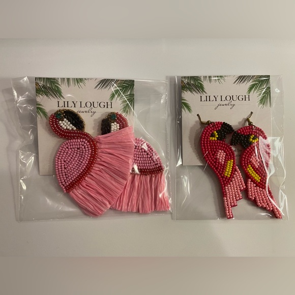 NWT *LILY LOUGH* Beaded Earrings … 🦩FLAMINGO🦩•TROPICAL BIRD…Hook•Post Set of 2 - Picture 1 of 2